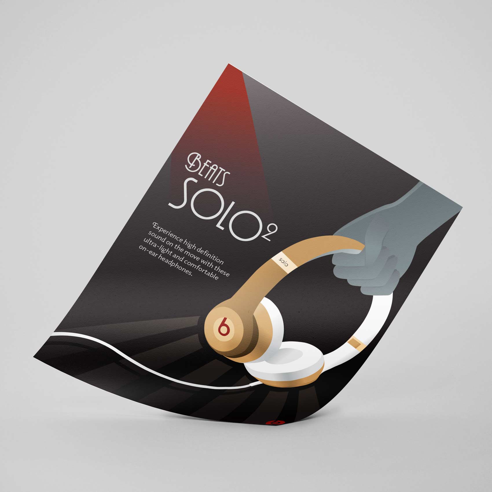 This is a poster concept for beats solo 2 headphones. There is an illustration of a hand holding the headphones in an art deco style.