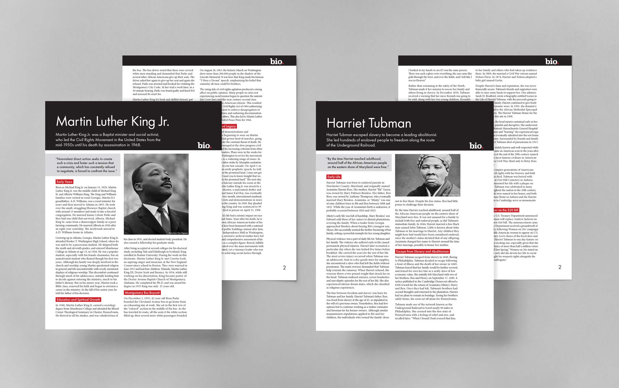 This is an image of 2 bio fact sheets. The image shows the front and back of the fact sheets. The fact sheets talk about Martin Luther King Jr. and Harriet Tubman.
