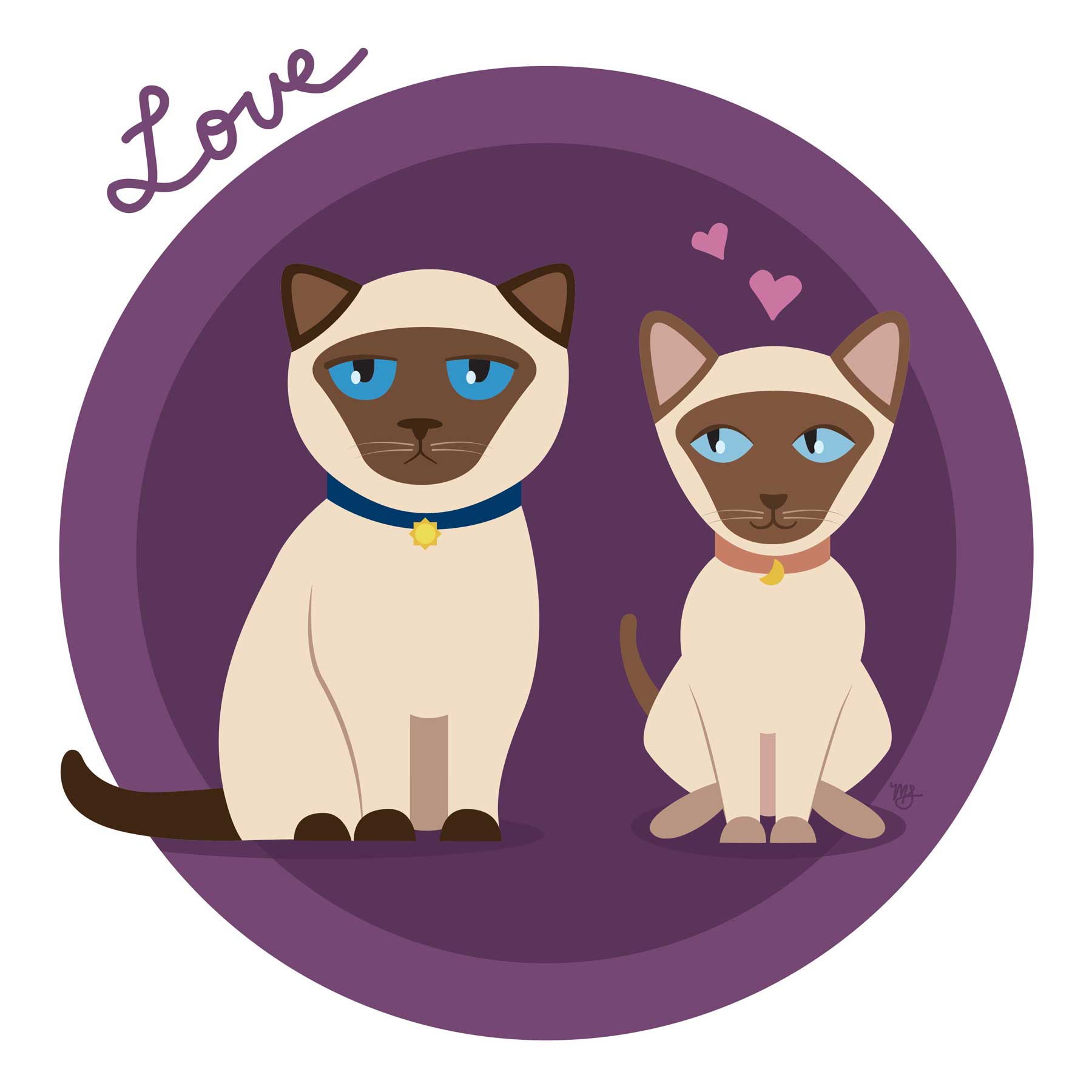 This is an image of two illustrated siamese cats