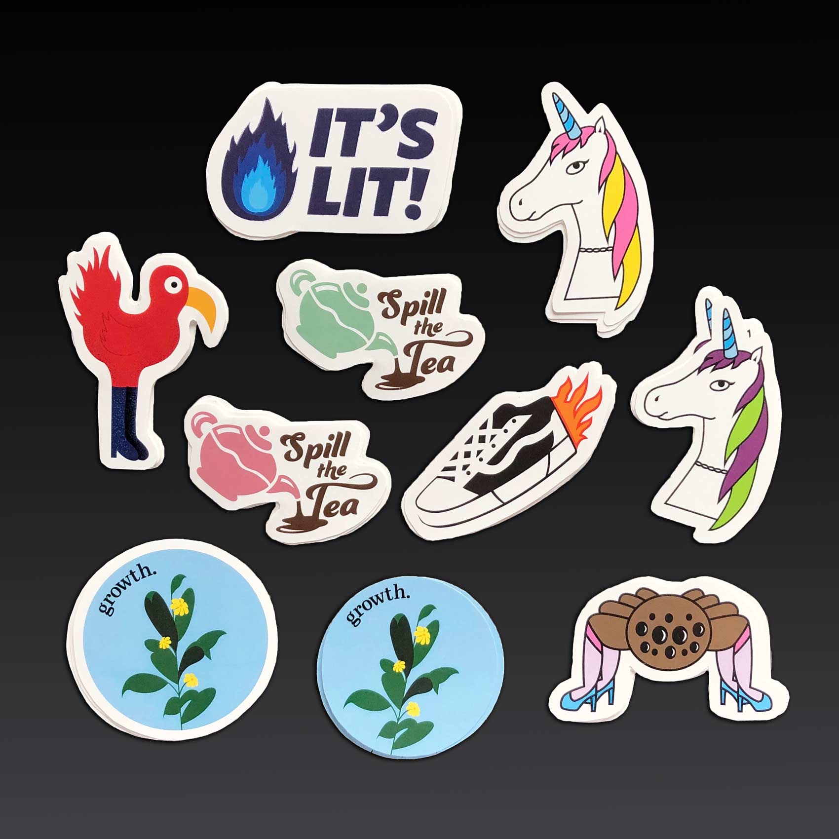 This is an image of the 9 sticker designs that I've actually gotten printed.