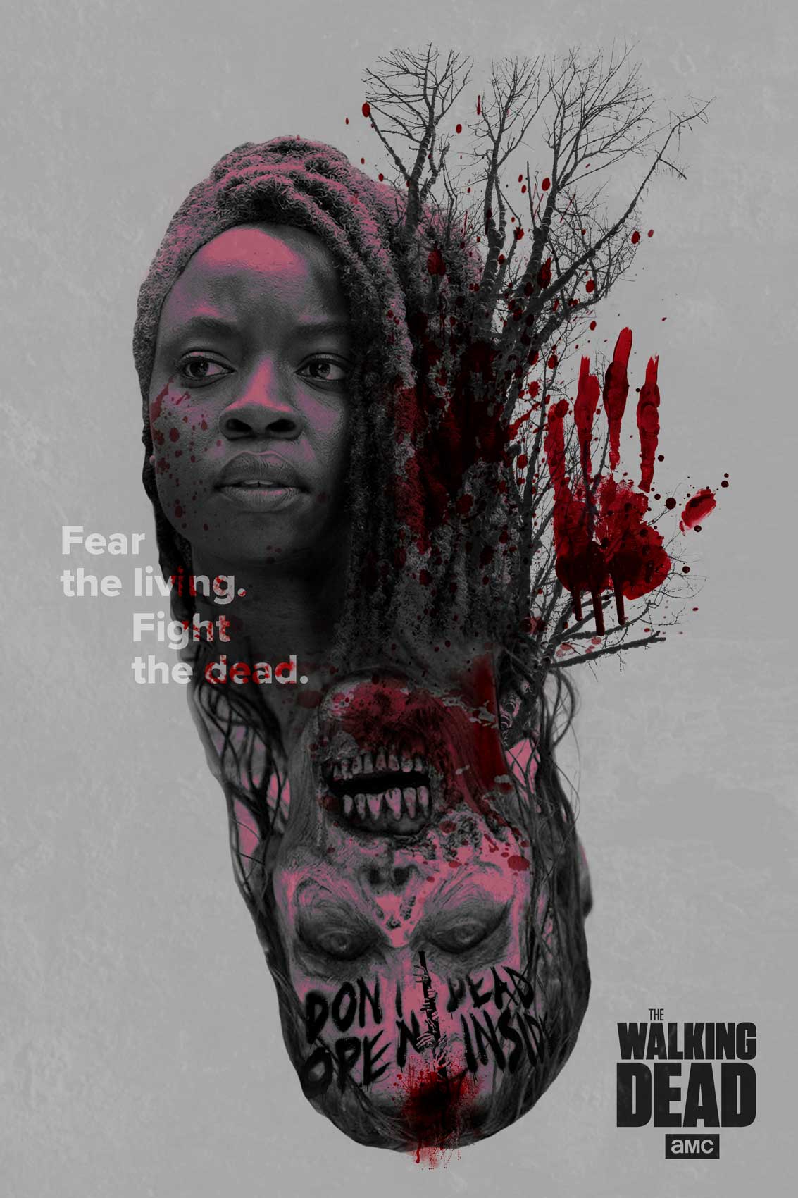 This is a poster of Michonne and a zombie from the walking dead.
